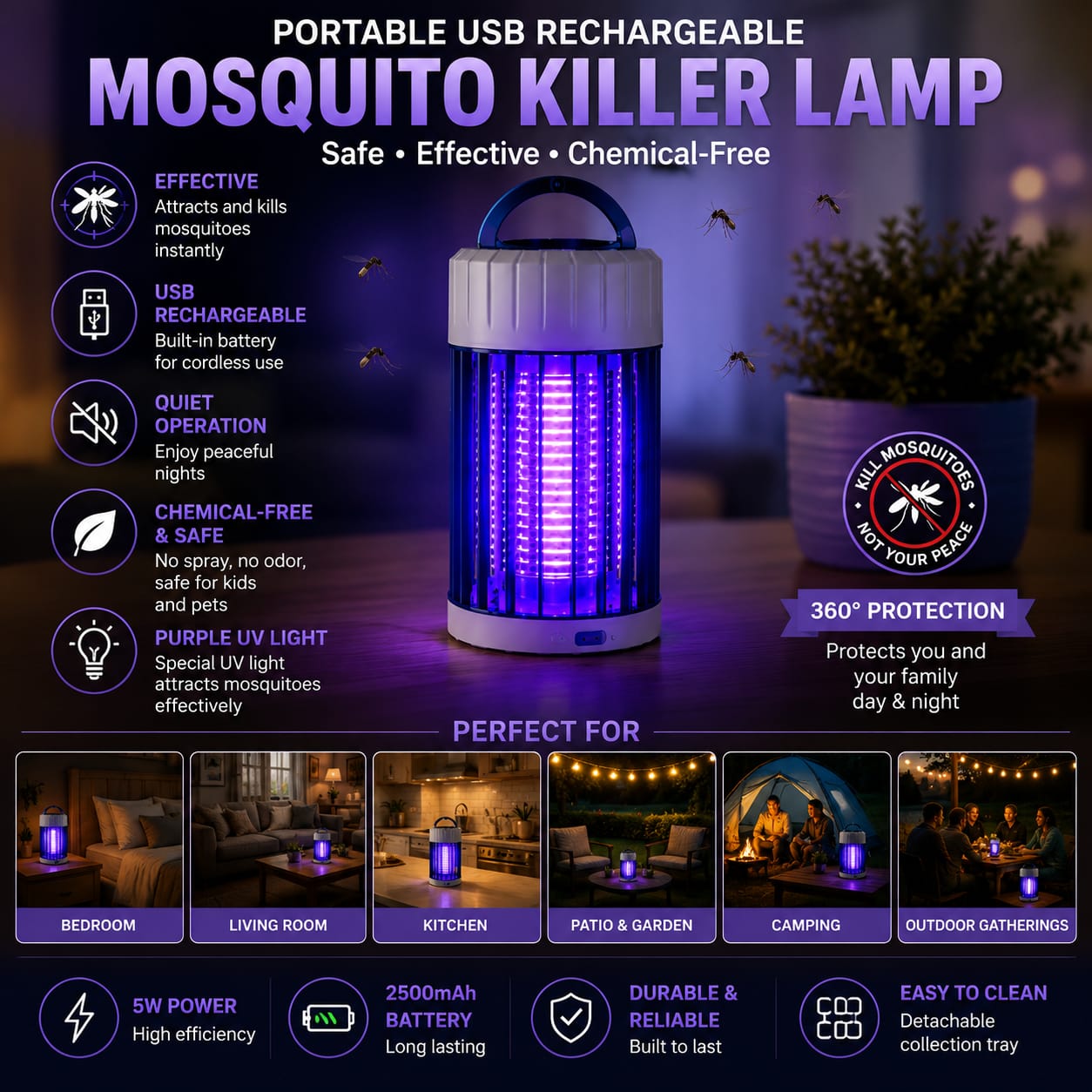 2-in-1 Mosquito Killer Lamp & Night Light | USB Rechargeable